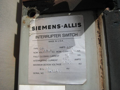 600 Amp, SIEMENS ALLIS, No. QB, 13800 V., INTERRUPTER SWITCH, OUTDOOR:1