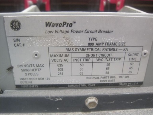 800 Amp, GENERAL ELECTRIC, WPX-08, 480 V., MO/DO,