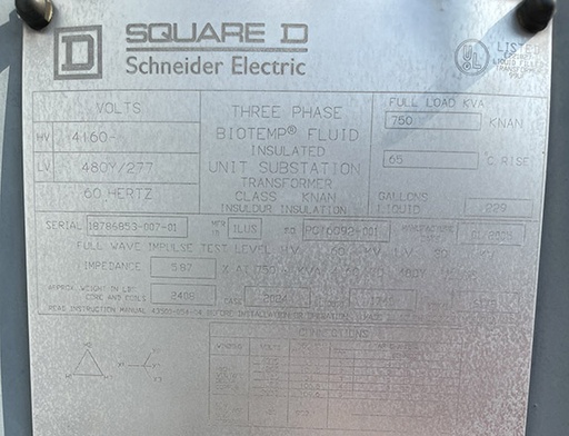 750 KVA, Pri 4160 D, Sec 480Y/277, UNUSED 2005, SQUARE D, SUBSTATION, BIOTEMP