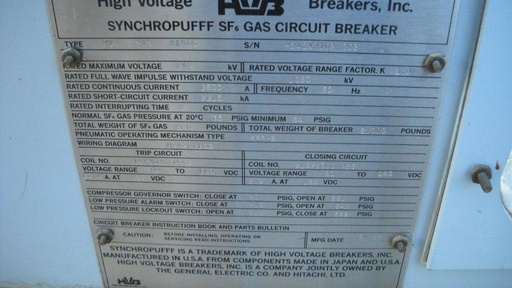1600 Amp, HITACHI, HVB 242 31500, 242 KV, SF6, 125 VDC CLOSE & TRIP, SBS-3 MECH.