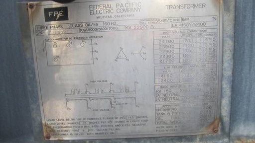 5000/7000 KVA, Pri 22900 D, Sec 4160Y/2400, FEDERAL PACIFIC, SUBSTATION
