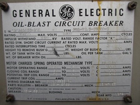 1200 Amp, GENERAL ELECTRIC, FKA-72.5-27000-2, 72.5 KV, 1972, 125 VDC, ML-14-0:1