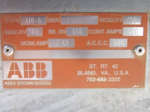 600 Amp, ABB, No. TTR-6, 138000 V., GOAB, M/O, PED., HORIZ MOUNT, VERT. BREAK:1