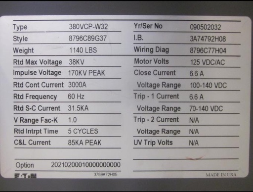 3000 Amp, CUTLER HAMMER, 380VCP-W32, 38 KV, 2009, EO/DO, 125VDC CH, CL, & TR