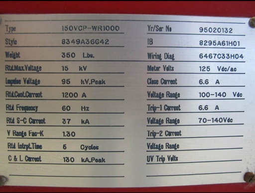 1200 Amp, CUTLER HAMMER, 15 KV,TYPE 150VCP-WR1000, 1996,EO/DO, 125VDC, 37 KA