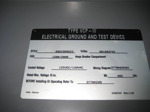 1200/2000 Amp, CUTLER HAMMER, 50/150VCPW GROUND & TEST DEVICE, 5/15 KV, E/O, D/O