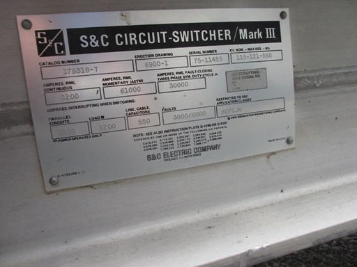 1200 Amp, S&C, No. MARK III, 115000 V., 61 KA MOM., 550 KV BIL, CIRCUIT SWITCHER
