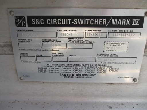 1200 Amp, S&C, No. MARK IV, 115000 V., 61 KA MOM., 550 KV BIL, CIRCUIT SWITCHER