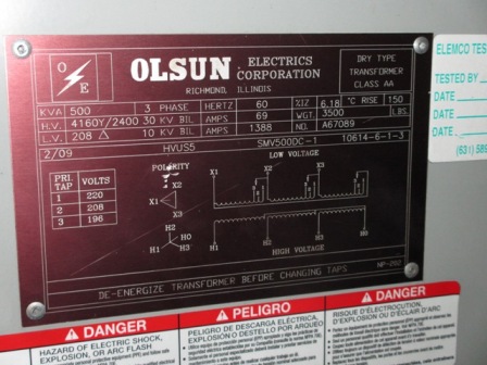 500 KVA, Pri 4160Y/2400, Sec 208 D, 2009, OLSUN, OUTDOOR, DRY:1