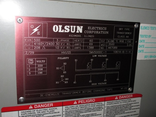 500 KVA, Pri 4160Y/2400, Sec 208 D, 2009, OLSUN, OUTDOOR, DRY:1