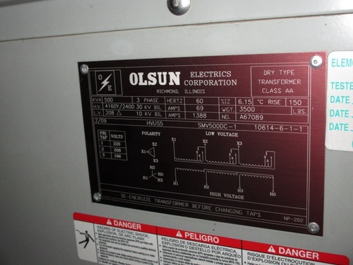 500 KVA, Pri 4160Y/2400, Sec 208 D, 2009, OLSUN, OUTDOOR, DRY:1