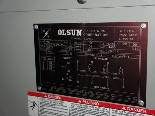 750 KVA, Pri 4160Y/2400, Sec 208 D, 2009, OLSUN, OUTDOOR, DRY:1