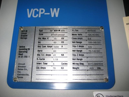 1200 Amp, WESTINGHOUSE, 50VCPW-350, 5000 V., 1998, E/O, D/O, 125 VDC CL/TR/MOTOR