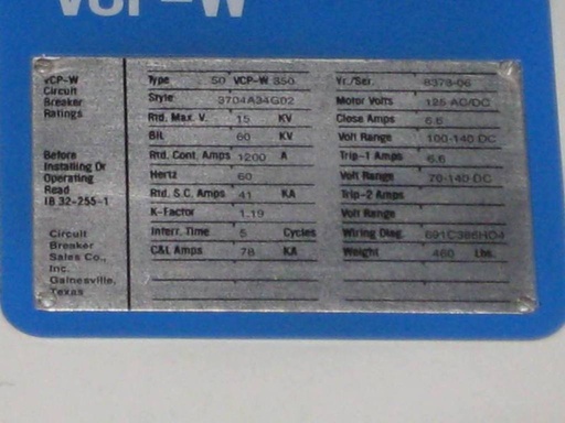 1200 Amp, WESTINGHOUSE, 50VCPW-350, 5000 V., 1998, E/O, D/O, 125 VDC CL/TR/MOTOR