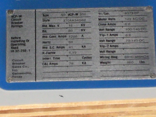 1200 Amp, WESTINGHOUSE, 50VCPW-350, 5000 V., 1998, E/O, D/O, 125 VDC CL/TR/MOTOR