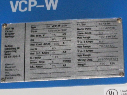 1200 Amp, WESTINGHOUSE, 50VCPW-350, 5000 V., 1998, E/O, D/O, 125 VDC CL/TR/MOTOR