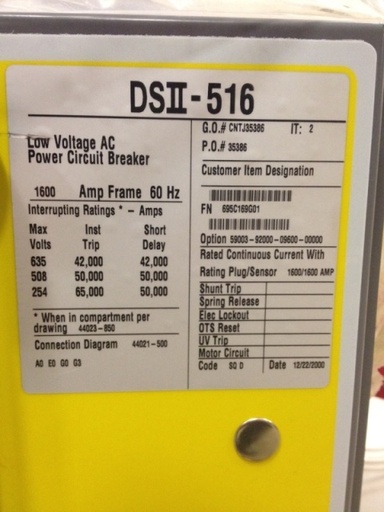1600 Amp, SQUARE D, DSII-516, 480 V., M/O, D/O, DIGITRIP RMS 810D LSI, NEW:1