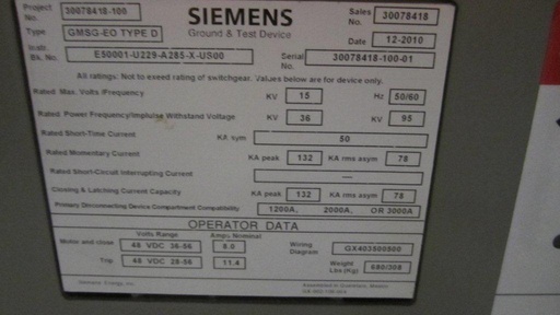 1200/2000/3000 Amp, SIEMENS, GMSG-EO-TYPE D, 15 KV, GROUND & TEST DEVICE, UNUSED
