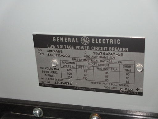 4000 Amp, GENERAL ELECTRIC, AKR-6D-100, 480 V., 120 VAC, MICRO-VERSA TRIP LSIG