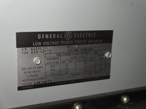 3200 Amp, GENERAL ELECTRIC, AKR-6D-75, 480 V., 120 VAC, MICRO-VERSA TRIP LSIG:1
