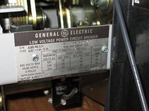 1600 Amp, GENERAL ELECTRIC, AKR-6D-50, 480 V., 120 VAC, MICRO-VERSA TRIP LSIG:1