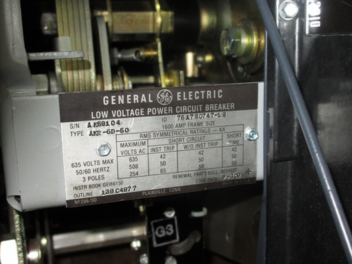 1600 Amp, GENERAL ELECTRIC, AKR-6D-50, 480 V., MICRO-VERSA TRIP LSIG:1