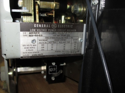 1600 Amp, GENERAL ELECTRIC, AKR-6D-50, 480 V., 120 VAC, MICRO-VERSA TRIP LSIG:1
