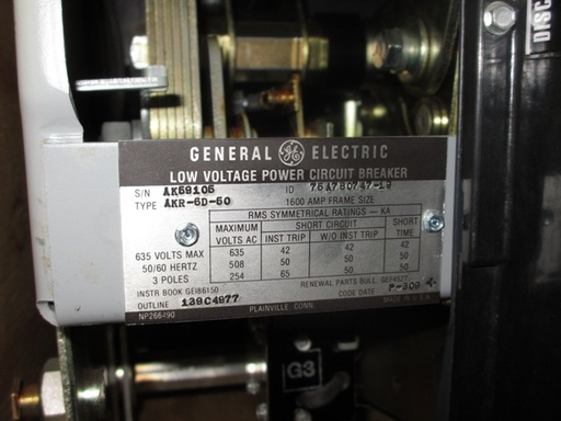 1600 Amp, GENERAL ELECTRIC, AKR-6D-50, 480 V., 120 VAC, MICRO-VERSA TRIP LSIG:1