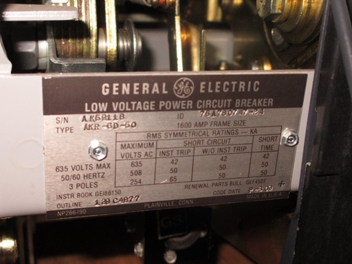 1600 Amp, GENERAL ELECTRIC, AKR-6D-50, 480 V., 120 VAC, MICRO-VERSA TRIP LSIG:1