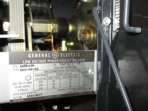 1600 Amp, GENERAL ELECTRIC, AKR-6D-50, 480 V., 120 VAC, MICRO-VERSA TRIP LSIG:1