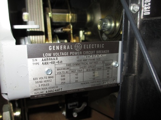 1600 Amp, GENERAL ELECTRIC, AKR-6D-50, 480 V., 120 VAC, MICRO-VERSA TRIP LSIG:1