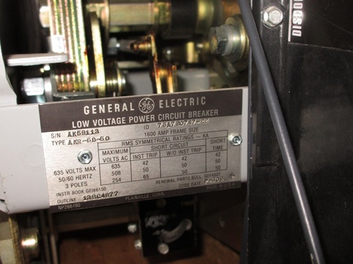 1600 Amp, GENERAL ELECTRIC, AKR-6D-50, 480 V., 120 VAC, MICRO-VERSA TRIP LSIG:1