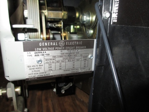 1600 Amp, GENERAL ELECTRIC, AKR-6D-50, 480 V., 120 VAC, MICRO-VERSA TRIP LSIG:1