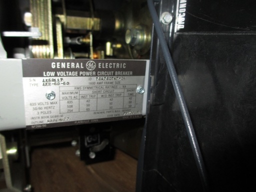 1600 Amp, GENERAL ELECTRIC, AKR-6D-50, 480 V., 120 VAC, MICRO-VERSA TRIP LSIG:1