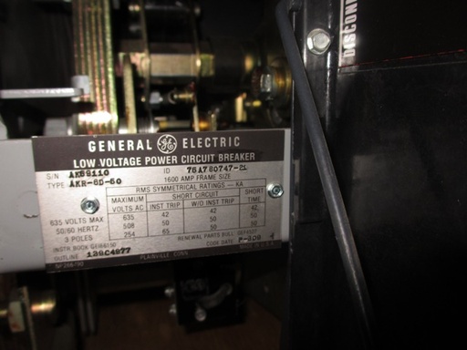 1600 Amp, GENERAL ELECTRIC, AKR-6D-50, 480 V., 120 VAC, MICRO-VERSA TRIP LSIG:1