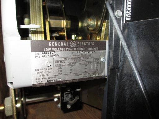 1600 Amp, GENERAL ELECTRIC, AKR-6D-50, 480 V., 120 VAC, MICRO-VERSA TRIP LSIG:1