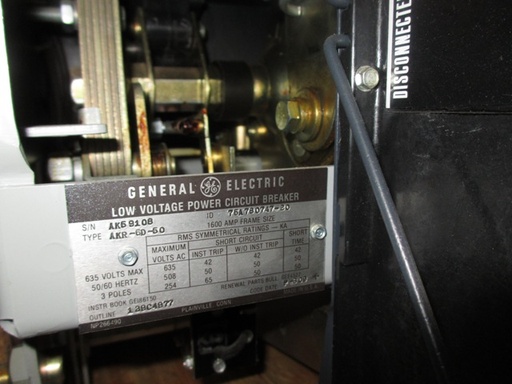 1600 Amp, GENERAL ELECTRIC, AKR-6D-50, 480 V., 120 VAC, MICRO-VERSA TRIP LSIG:1