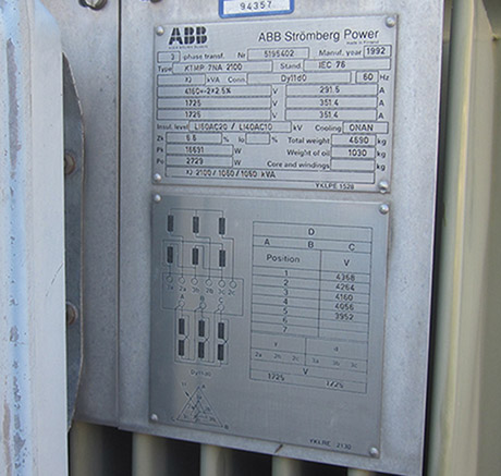 2100 KVA (1050 X 1050), Pri 4160 D, Sec 1725 D x 1725 Y, 1992, ABB RECTIFIER:1
