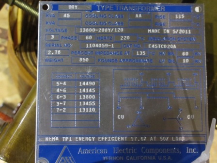 45 KVA, Pri 13800 D, Sec 208Y/120, 2011, AEC, CONTROL POWER TRANSFORMER, C&C, CU
