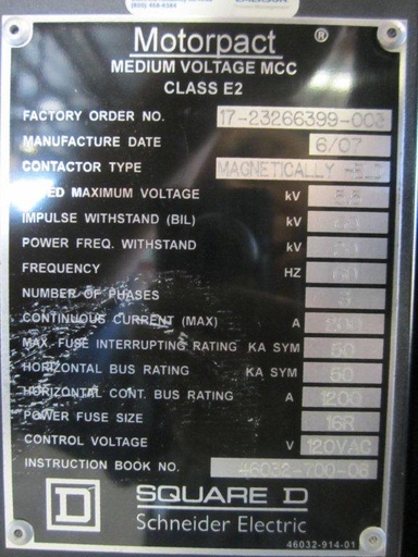 1750 HP SQUARE D MOTORPACT REDUCED VOLTAGE MOTOR STARTER, 4160 V, UNUSED