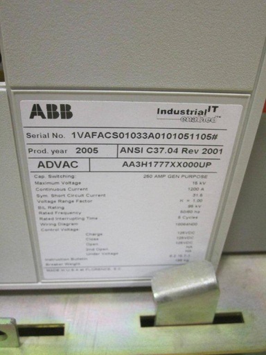 1200 Amp, ABB, ADVAC, 15 KV, VACUUM BREAKER, 125 VDC CLOSE & TRIP:1