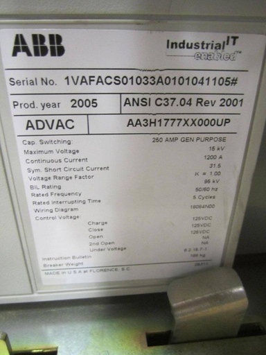 1200 Amp, ABB, ADVAC, 15 KV, VACUUM BREAKER, 125 VDC CLOSE & TRIP:1