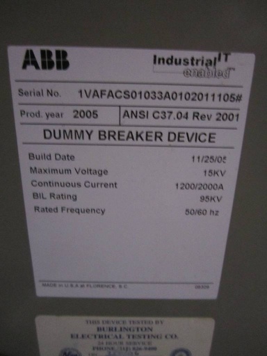 1200 Amp, ABB, ADVAC, 15 KV, DUMMY TIE BREAKER