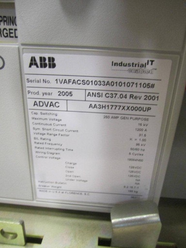 1200 Amp, ABB, ADVAC, 15 KV, VACUUM BREAKER, 125 VDC CLOSE & TRIP:1