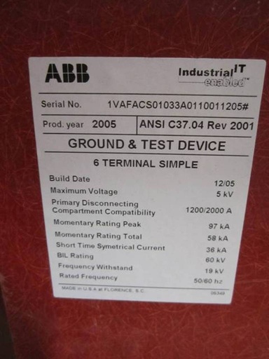 1200/2000 Amp, ABB, GROUND & TEST, 5000 V., 2005, 6 TERMINAL SIMPLE:1