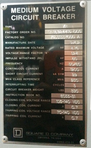 1200 Amp, SQUARE D, VR-250, 4760 V., 2002, E/O, D/O, 125 VDC, 29 KA:1