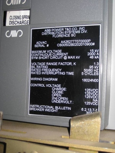 2000 Amp, ABB, ADVAC, 15 KV, 1000 MVA, 125 VDC CLOSE & TRIP, CAPACITOR BREAKER:1