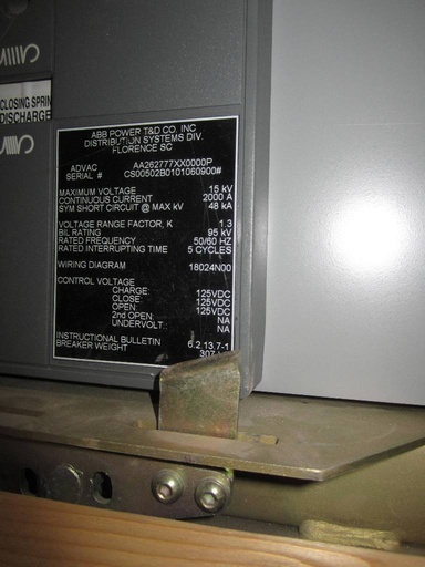 2000 Amp, ABB, ADVAC, 15 KV, 2000, 1000 MVA, 125 VDC CLOSE & TRIP:1