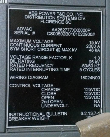 2000 Amp, ABB, ADVAC, 15 KV, 2000, 125 VDC CHARGE/CLOSE/OPEN:1
