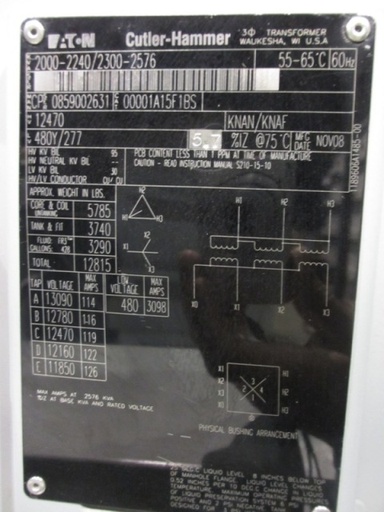 2000/2576 KVA, Pri 12470 D, Sec 480 Y, 2008, SUBSTATION TYPE, ENVIRO-TEMP FR3